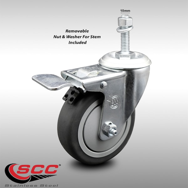 4 Inch SS Thermoplastic Rubber 10mm Threaded Stem Caster Total Lock Brake